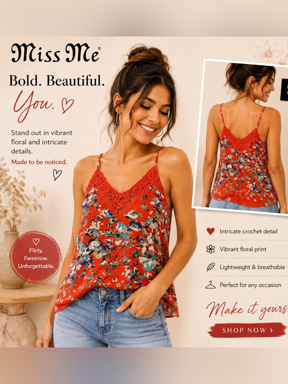 Miss Me Red Floral Crochet-Trim Spaghetti-Strap Cami